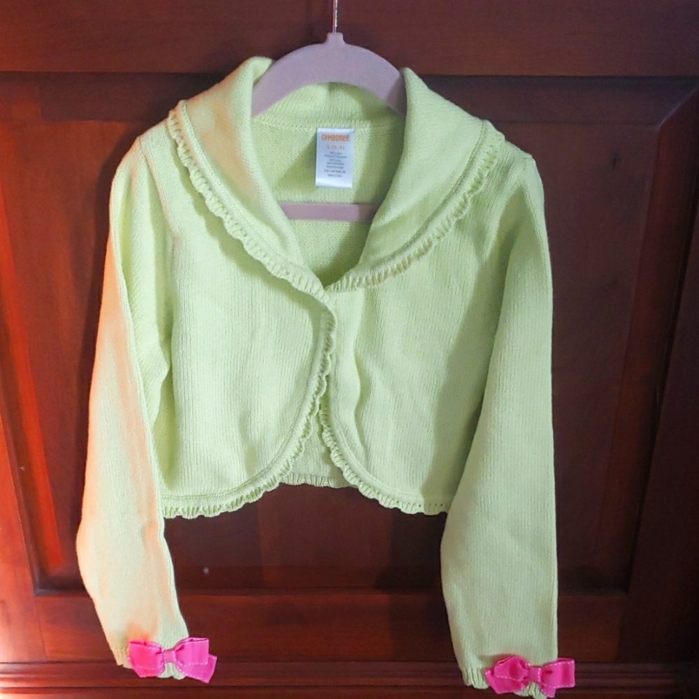 Gymboree sweater light green cardigan with pink accents bows size 5-6